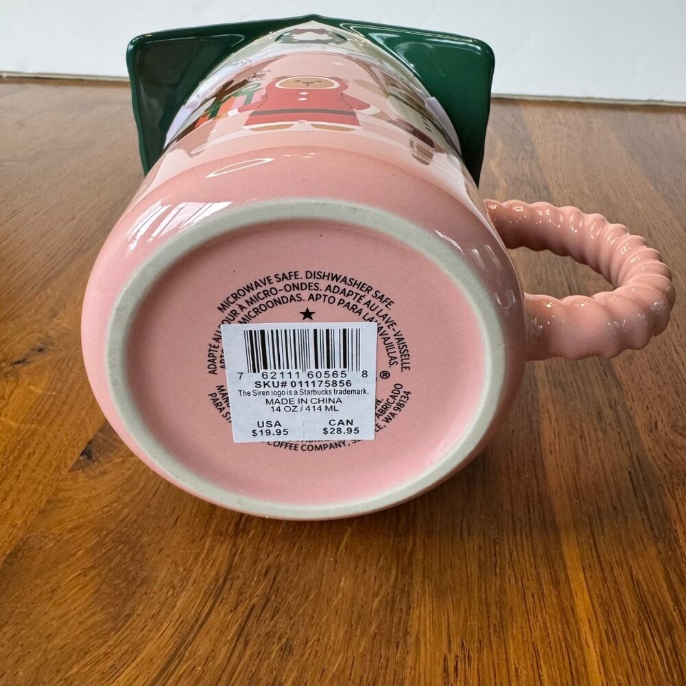 STARBUCKS 2025 Holiday Bear House Mug Roof Lid 14oz Limited Edition Pink Green - Picture 5 of 7